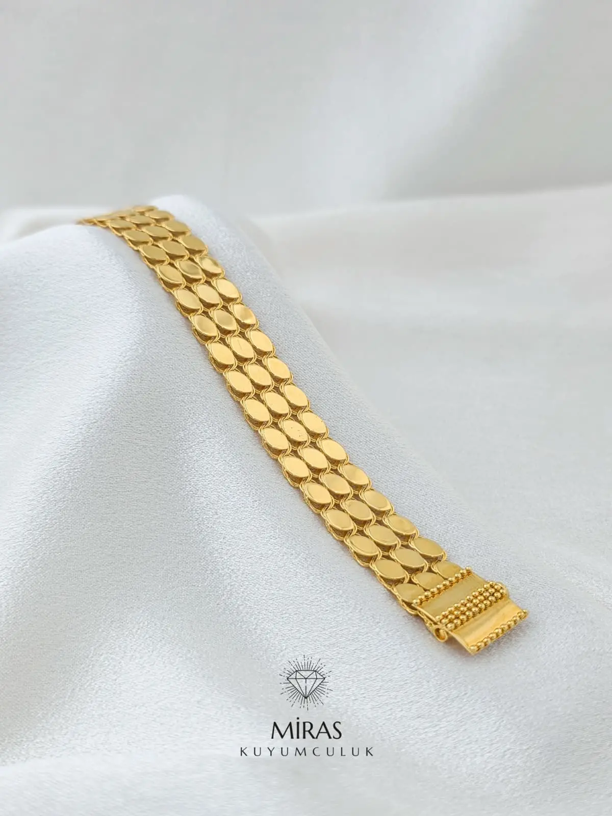 14 Ayar Altın - Taşsız Üç Sıra Pullu Sarı Altın Bileklik - 14BLK869