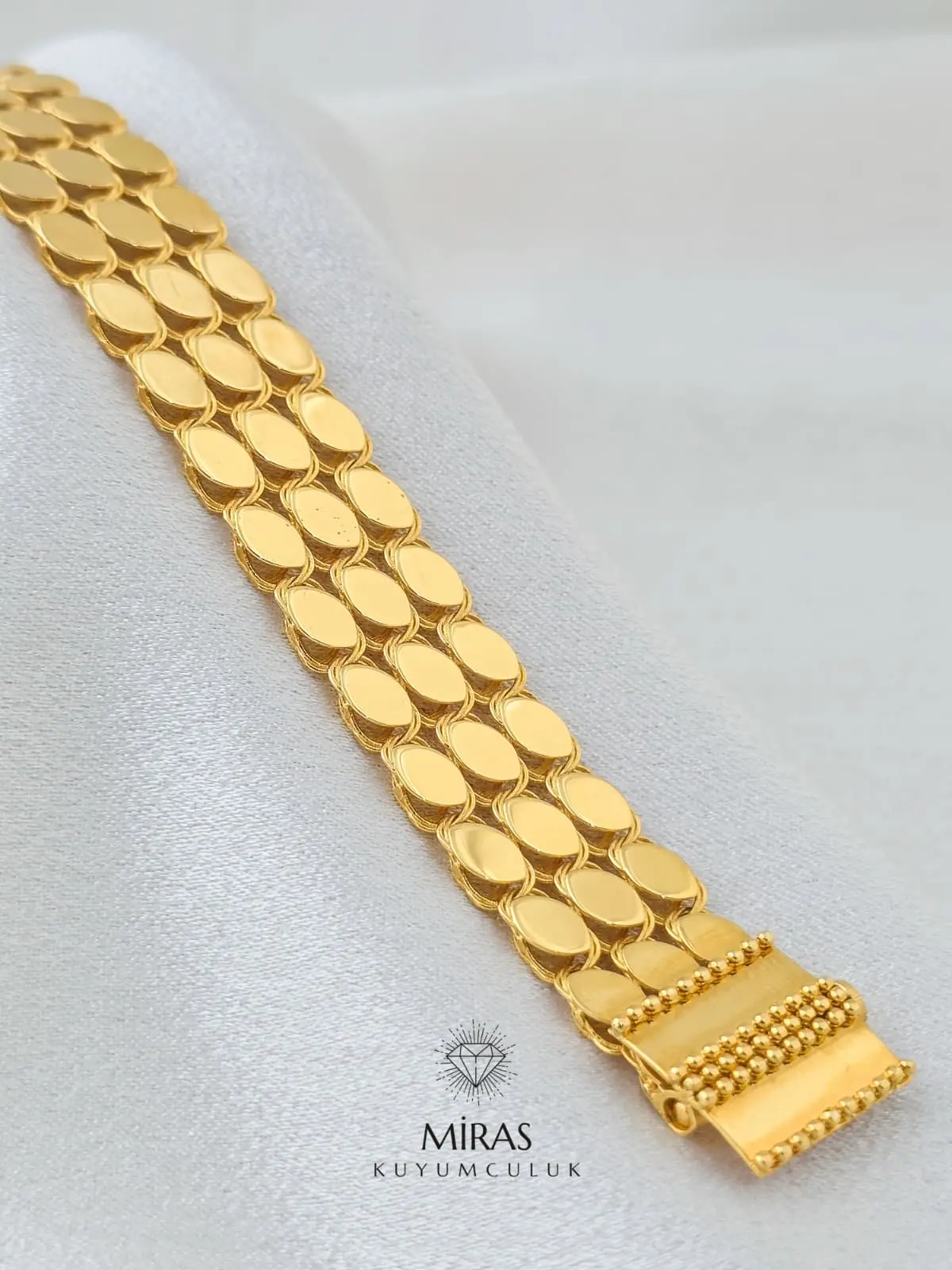 14 Ayar Altın - Taşsız Üç Sıra Pullu Sarı Altın Bileklik - 14BLK869