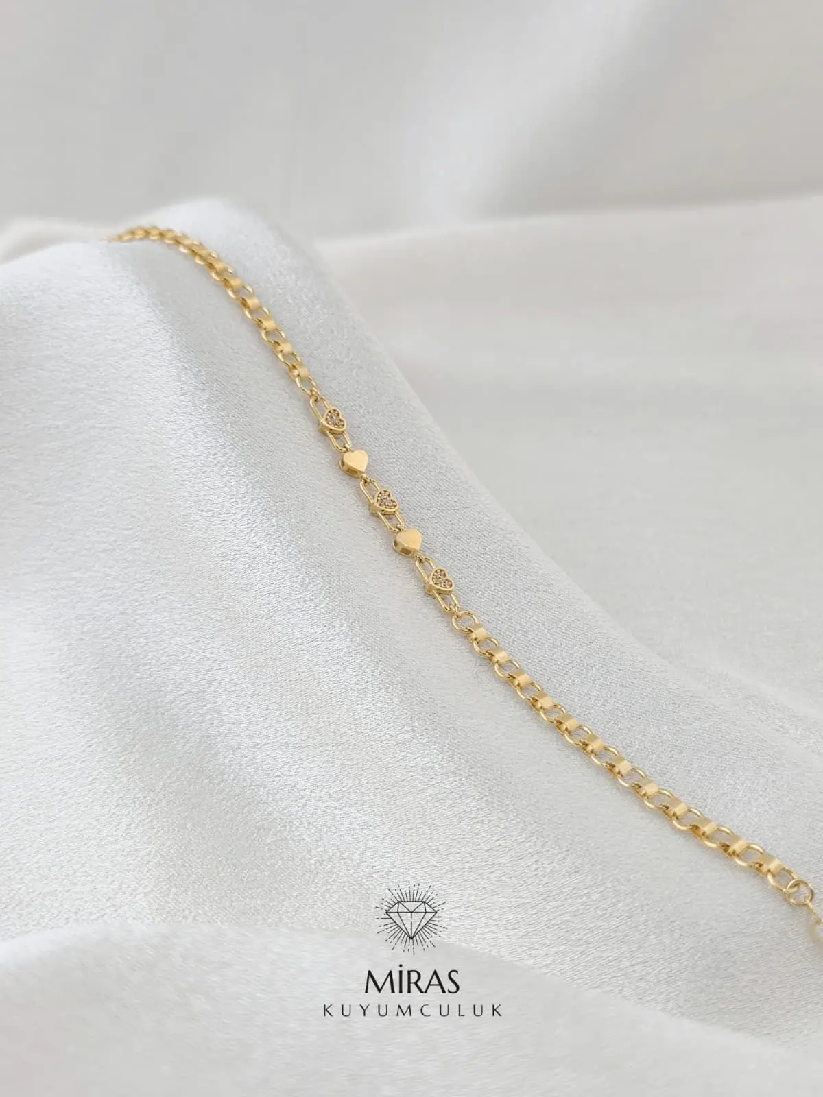 14 Ayar Altın - Minimal Taşlı Kalpli Bileklik - 14BLK978