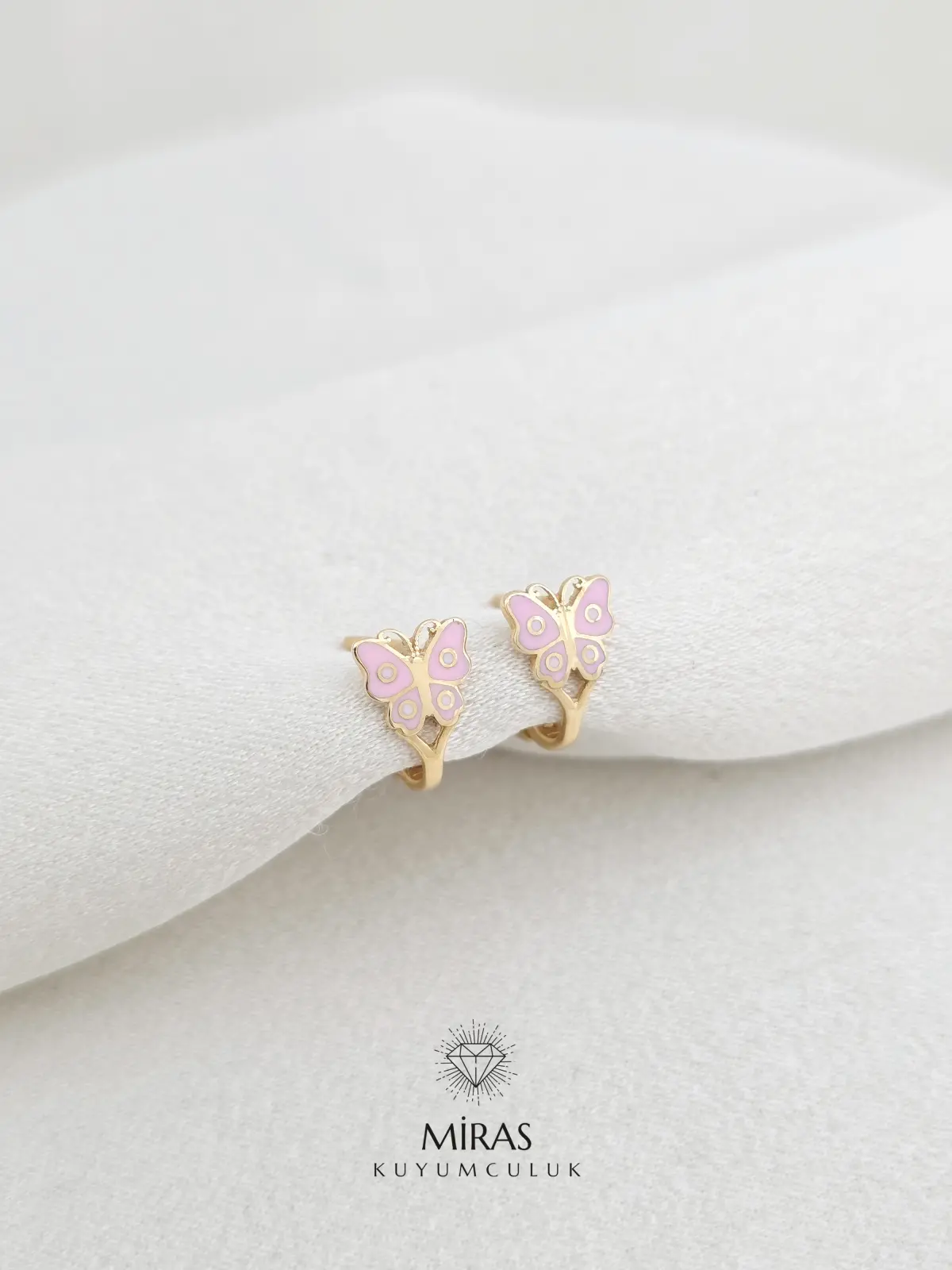 14 Ayar Altın - Pembe Kelebek Mineli Çocuk Küpe - 14CKP19