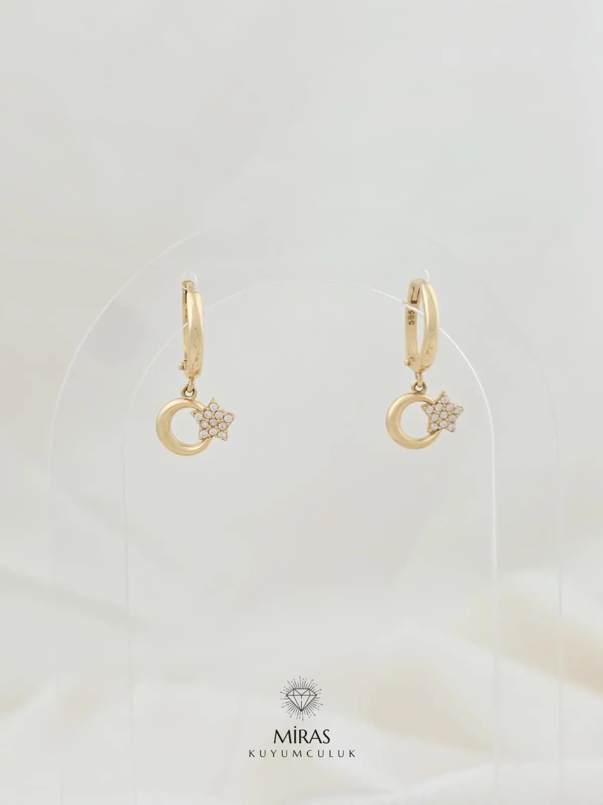 14 Ayar Altın - Taşlı Ay-Yıldız Sallantılı Küpe - 14KP972