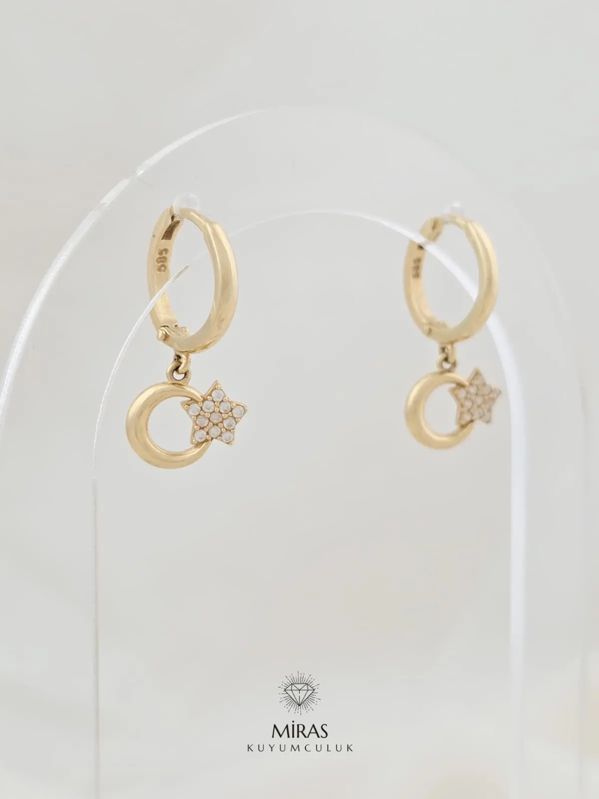 14 Ayar Altın - Taşlı Ay-Yıldız Sallantılı Küpe - 14KP972