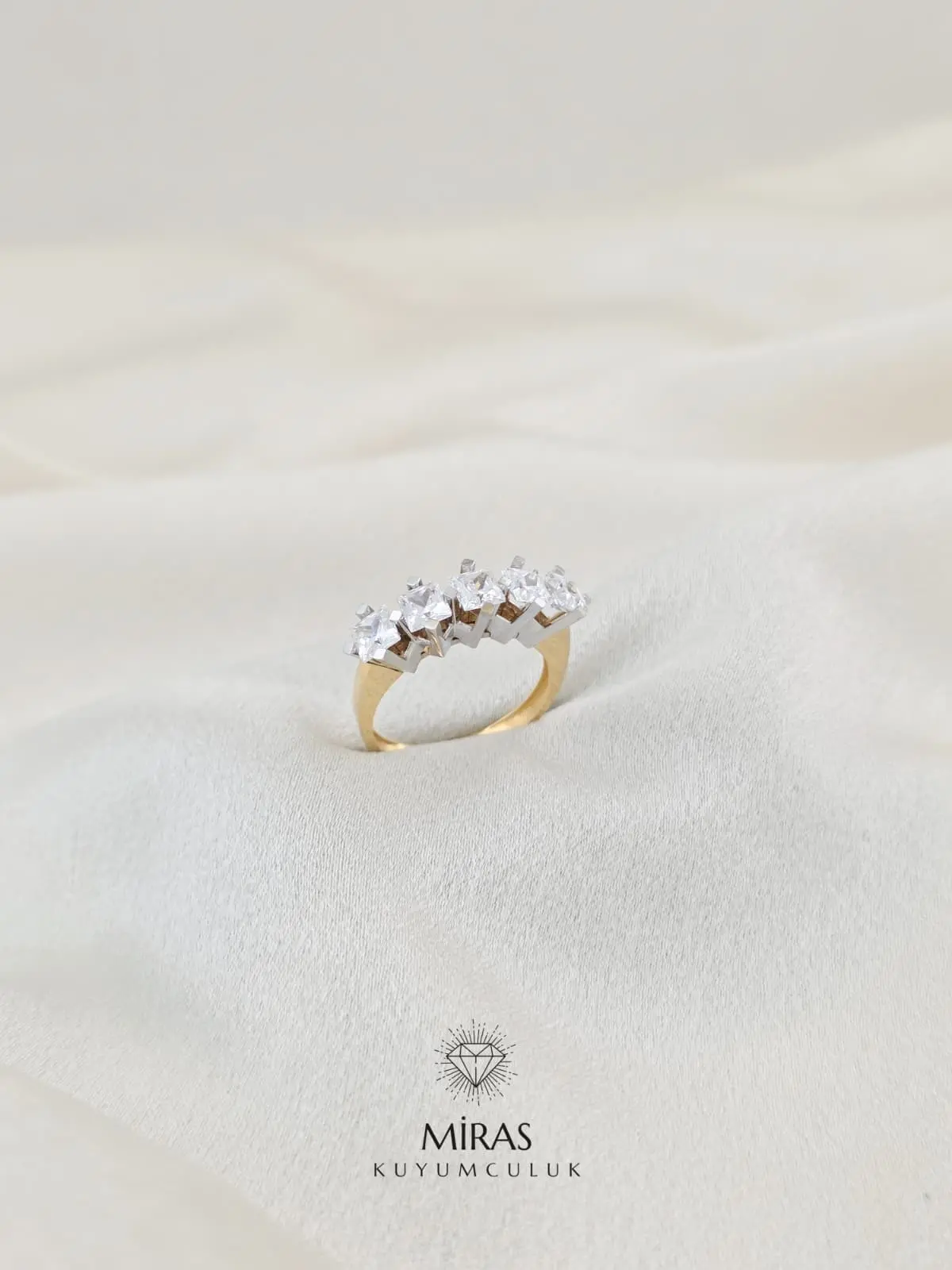 14 Ayar Altın - Çift Renkli Kare Beştaş Yüzük - K14YZK94