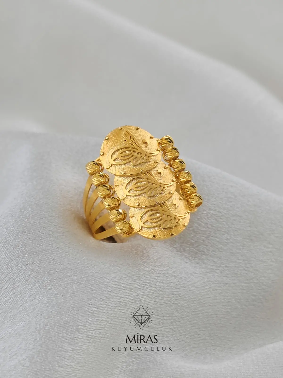 14 Ayar Altın - Dorika Üç Sıra Tuğralı Yüzük - K14YZK360