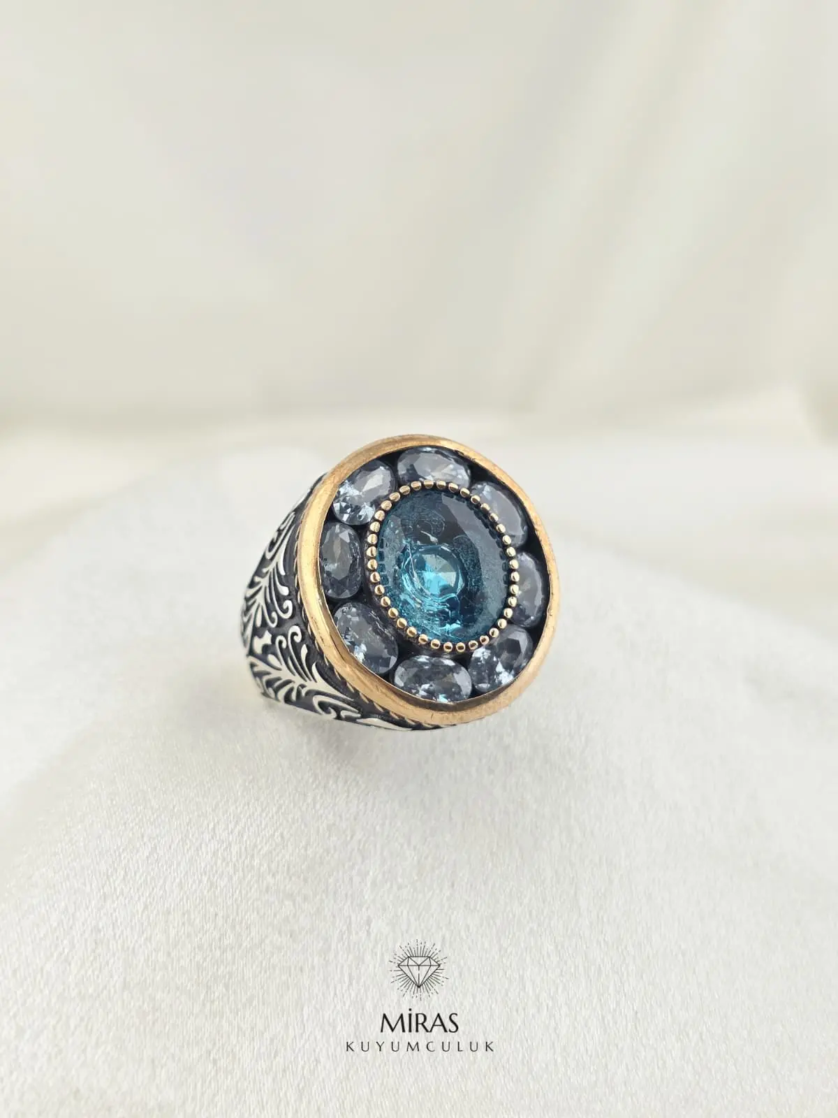 Aquamarin & Turkuaz Taşlı Erkek Gümüş Yüzük