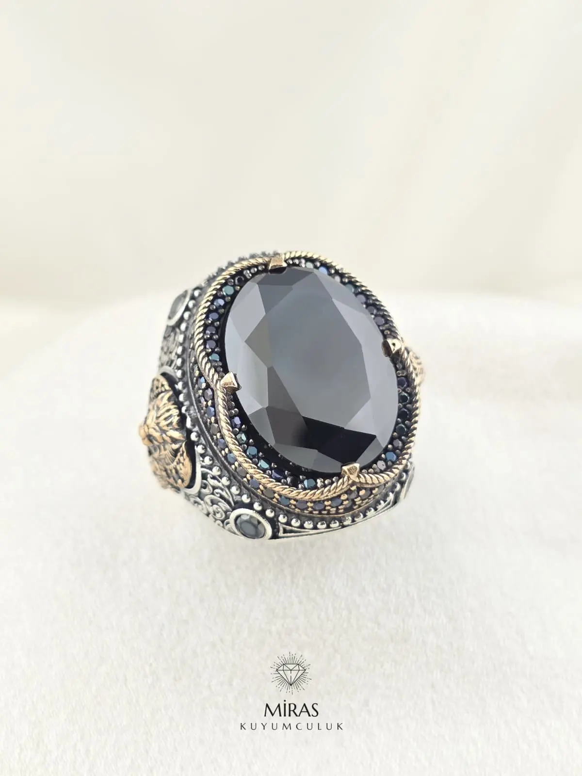 Siyah Taşlı Faset Kesim Erkek Gümüş Yüzük