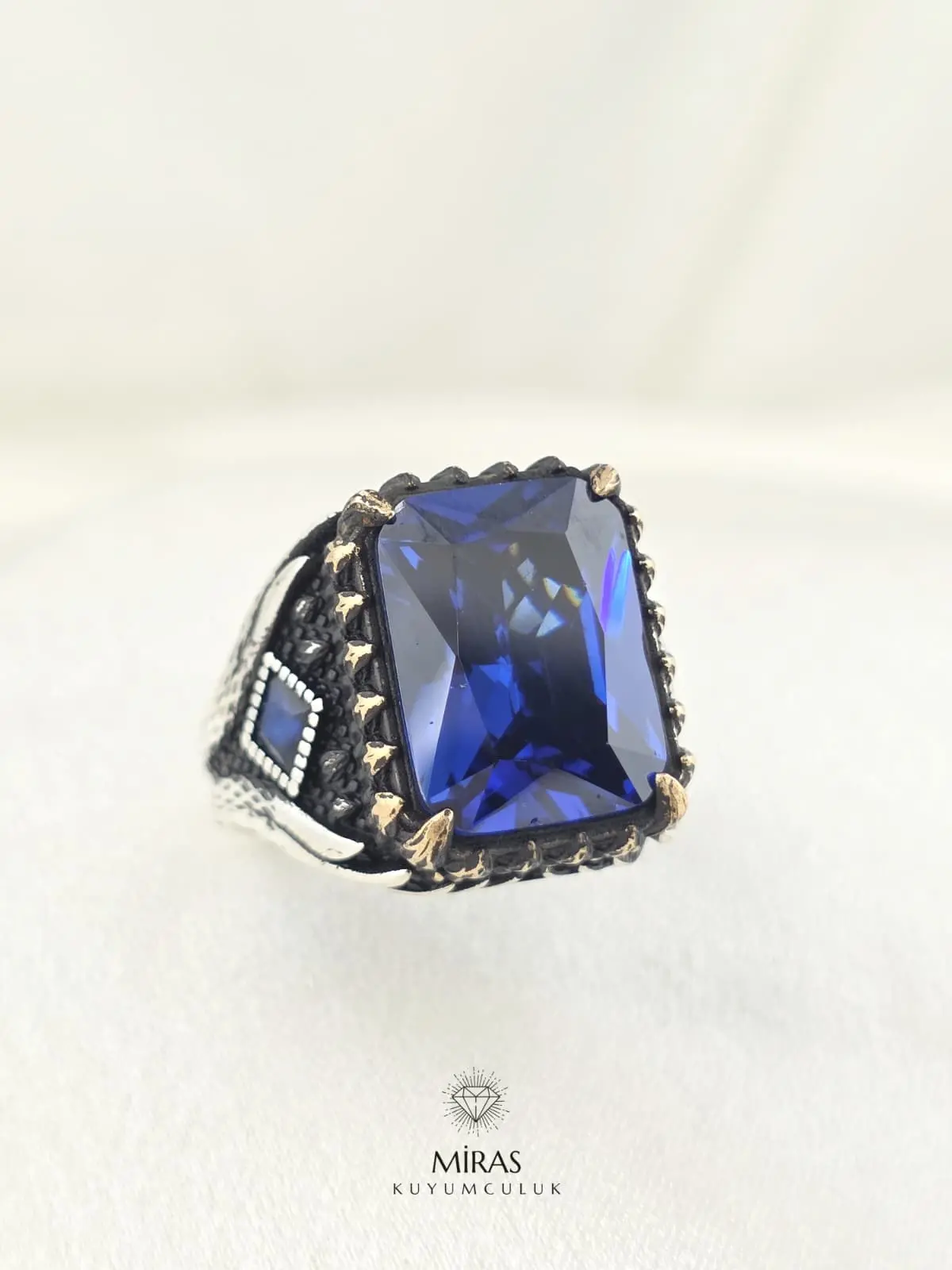 Safir Renk Taşlı Erkek Gümüş Yüzük - HSG30