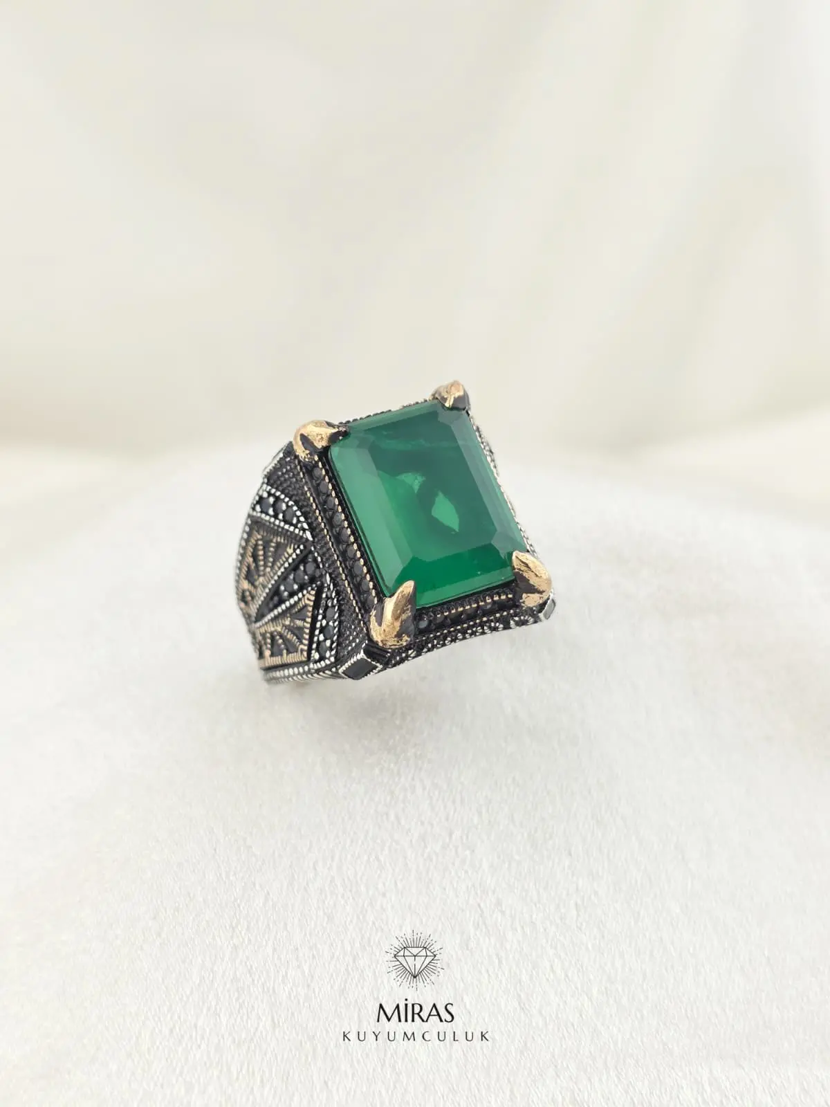 Yeşil Taşlı Erkek Gümüş Yüzük - HSG23