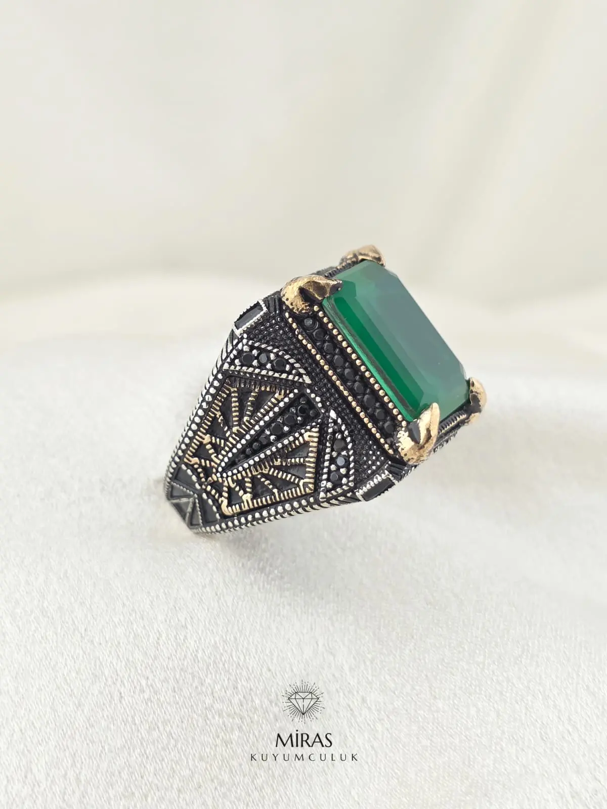Yeşil Taşlı Erkek Gümüş Yüzük - HSG23