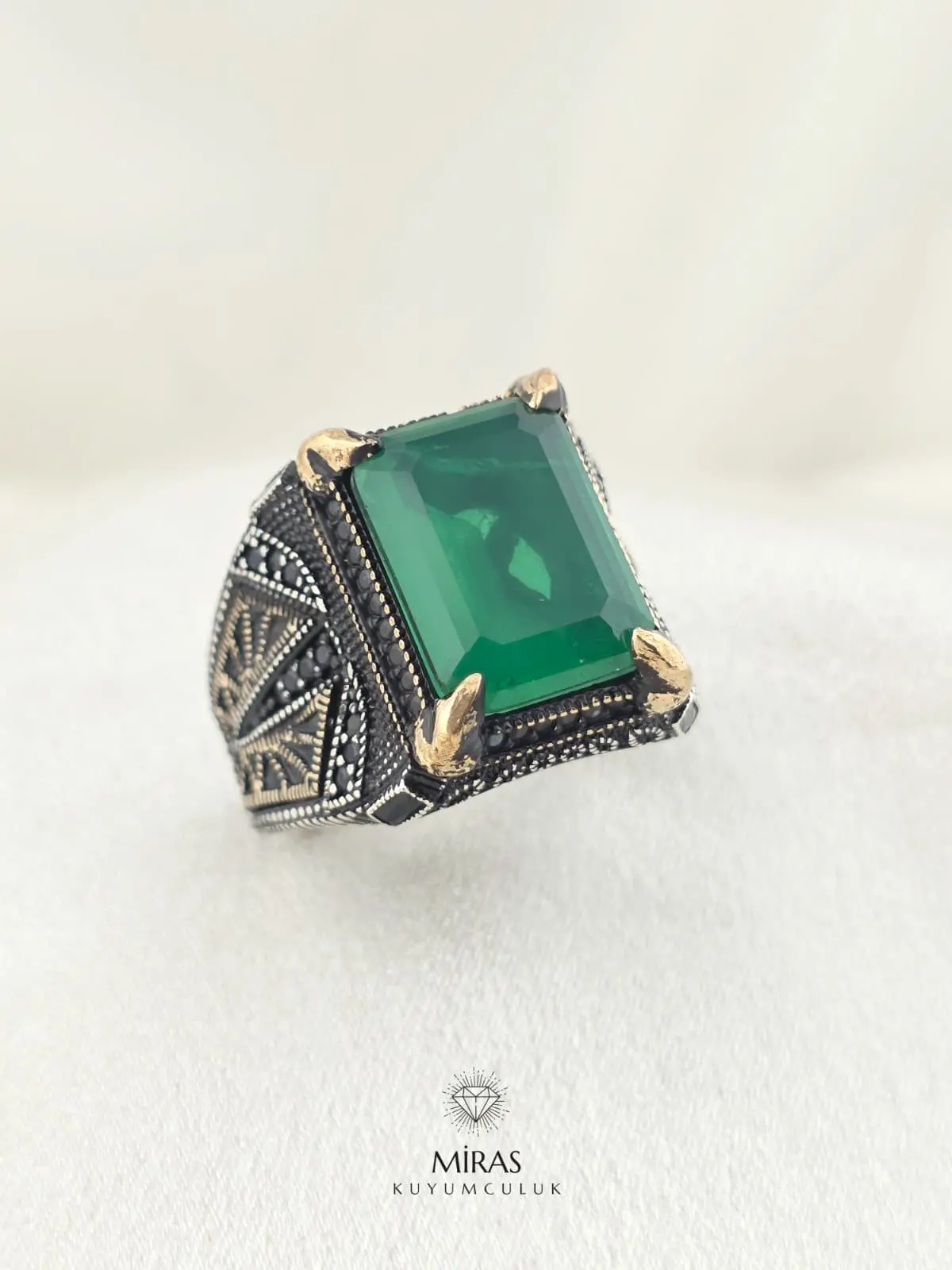 Yeşil Taşlı Erkek Gümüş Yüzük - HSG23