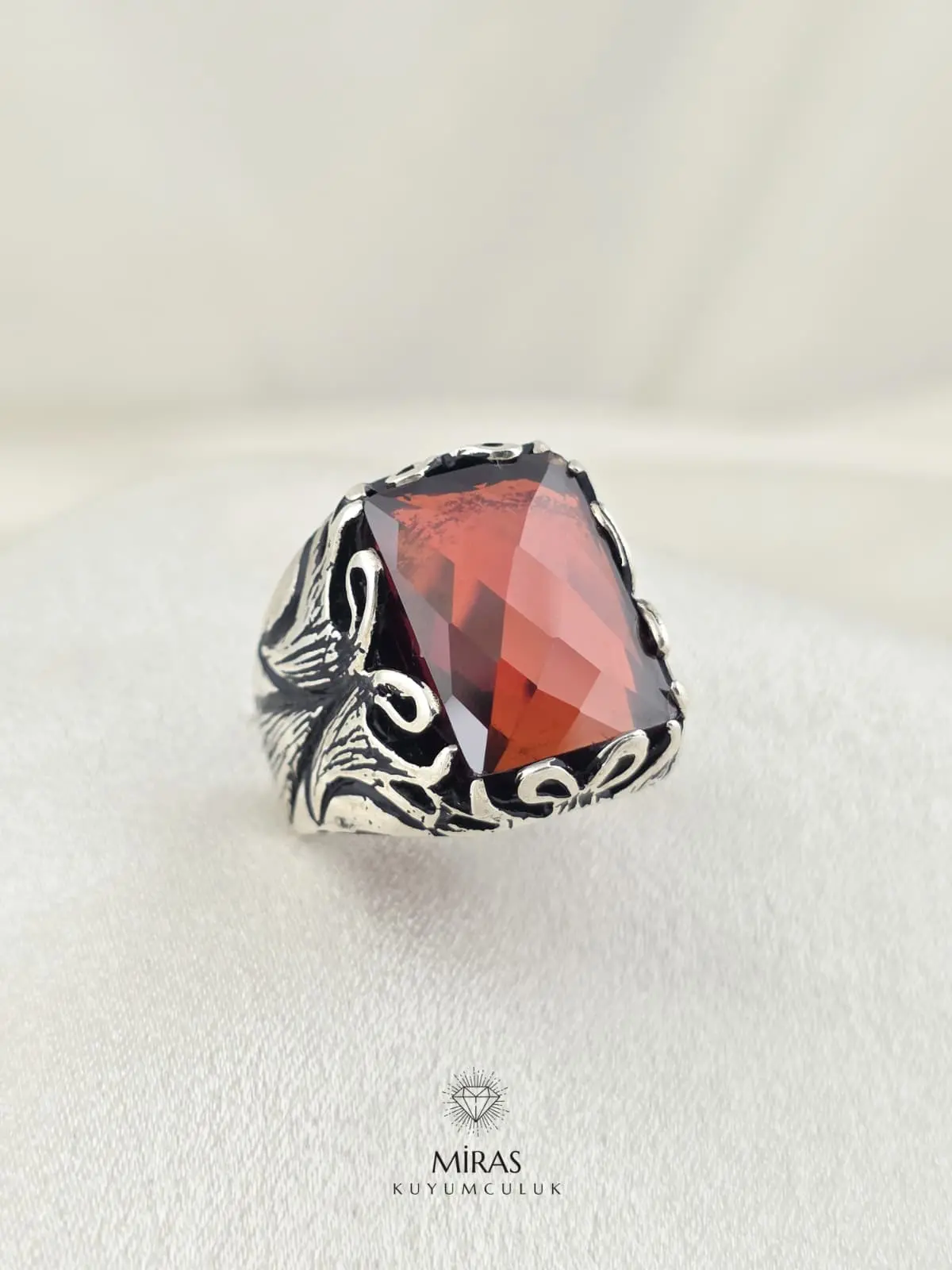 Kehribar Renk Taşlı Erkek Gümüş Yüzük - HSG25