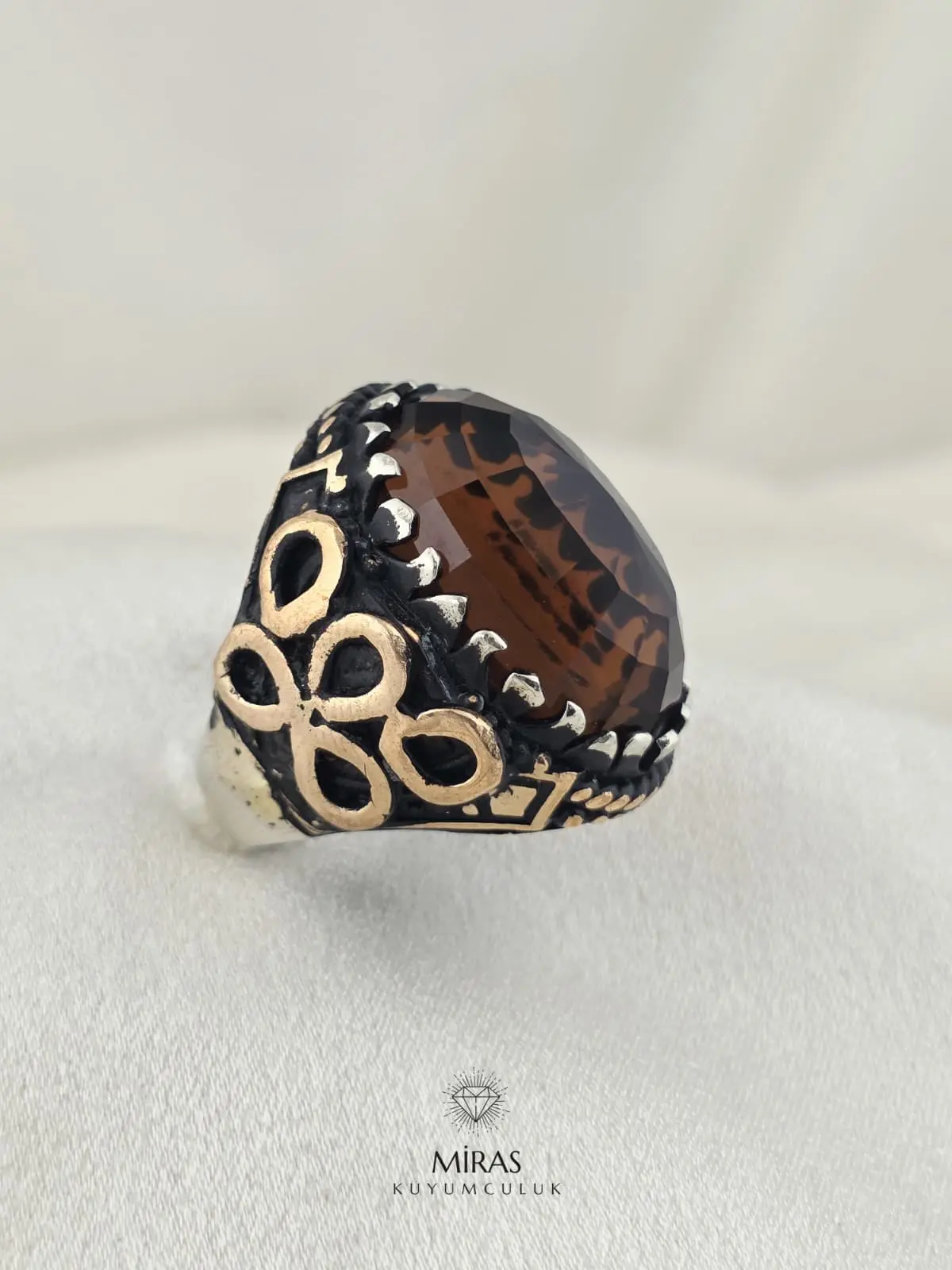 Faset Kesim Kahverengi Taşlı Erkek Gümüş Yüzük - HSG26