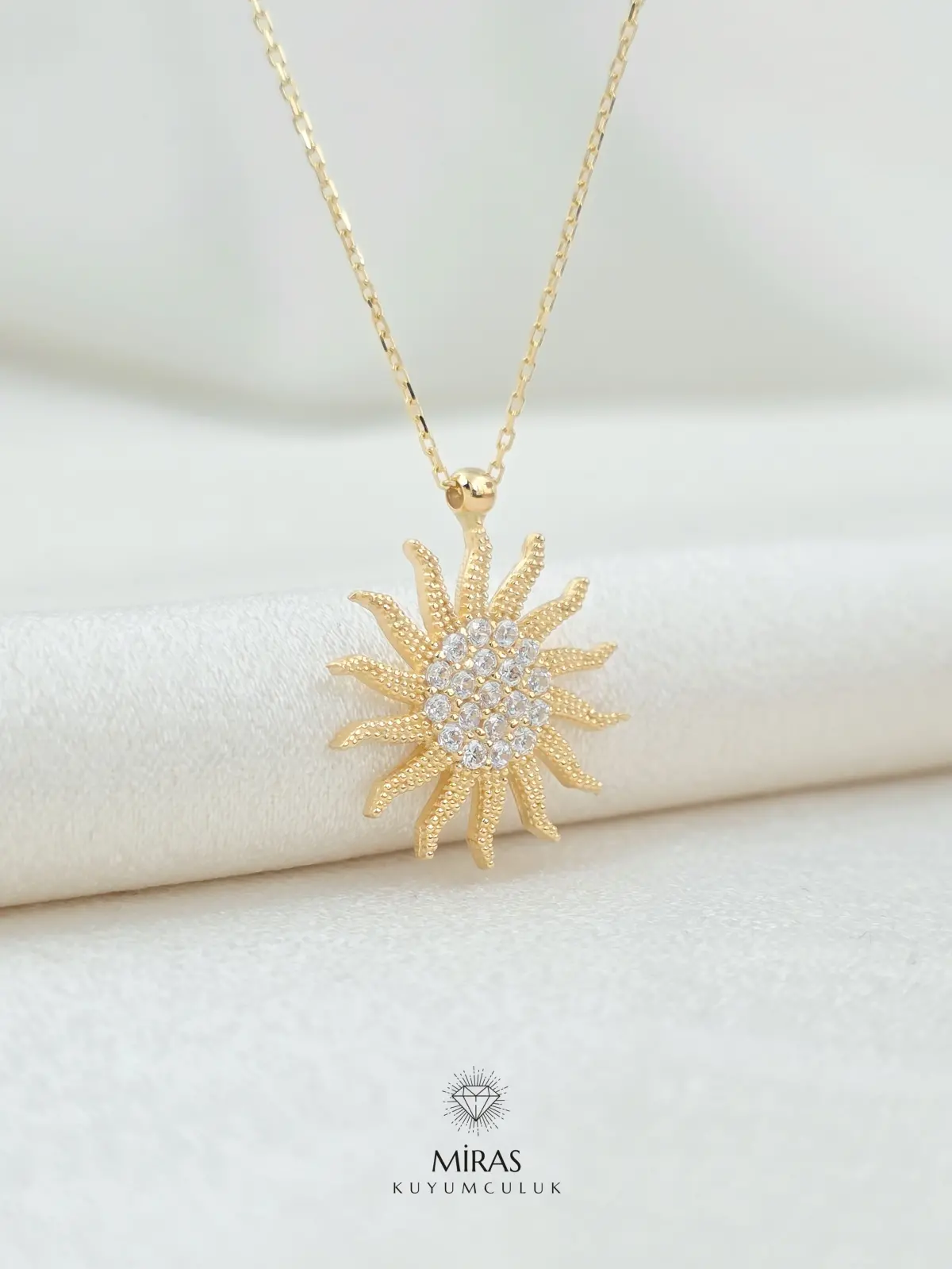 14 Ayar Altın - Taşlı Güneş Kolye - 14KLY677
