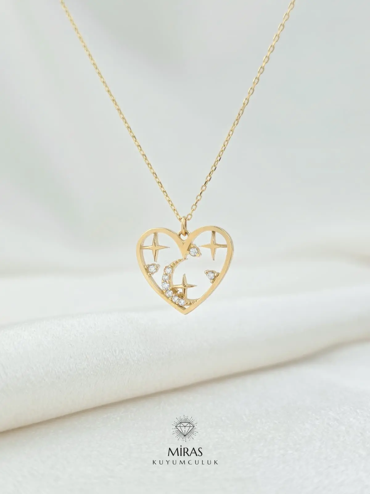 14 Ayar Altın - Taşlı Ay Yıldız Motifli Kalp Kolye - K14KLY56