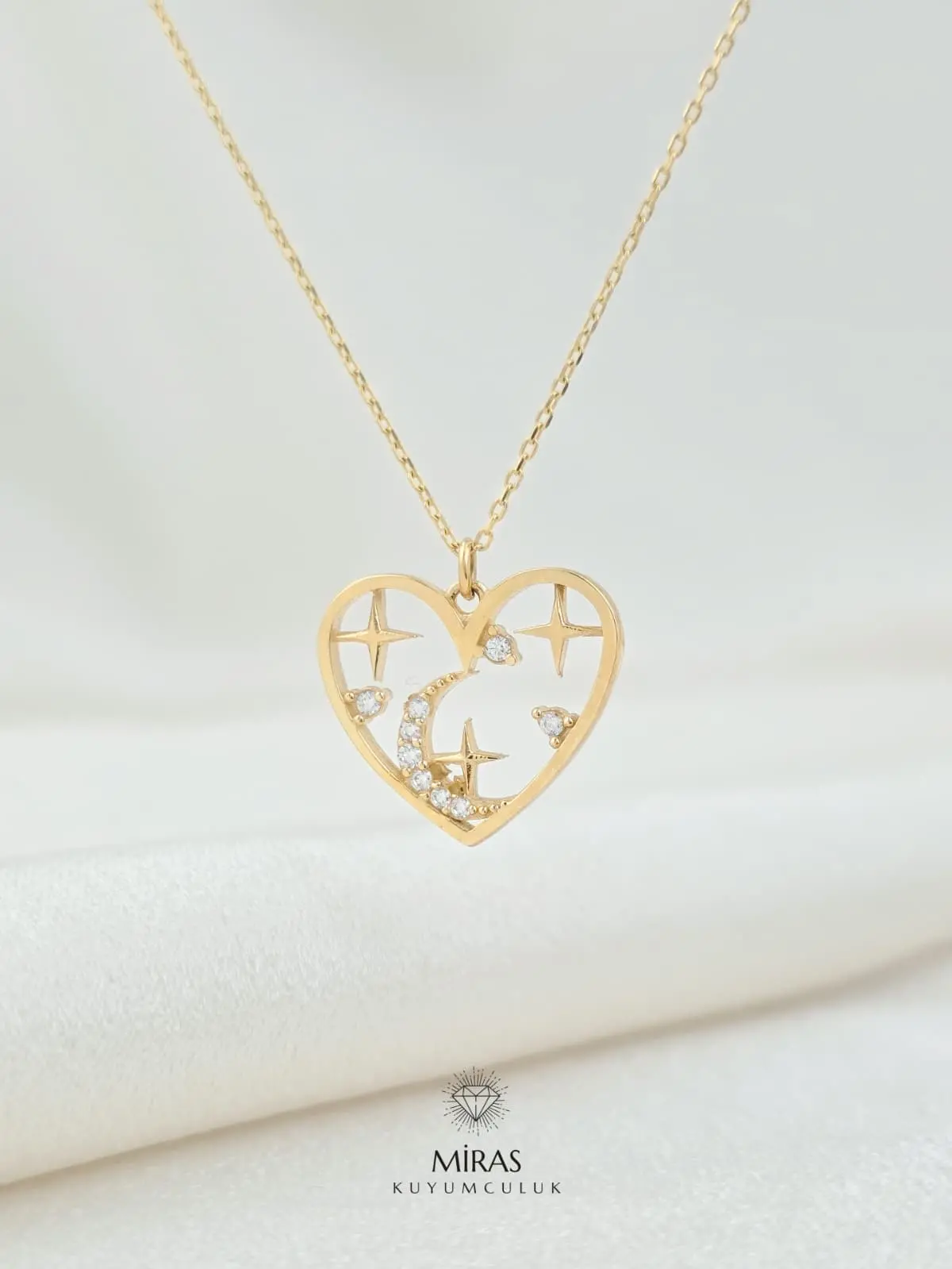 14 Ayar Altın - Taşlı Ay Yıldız Motifli Kalp Kolye - K14KLY56