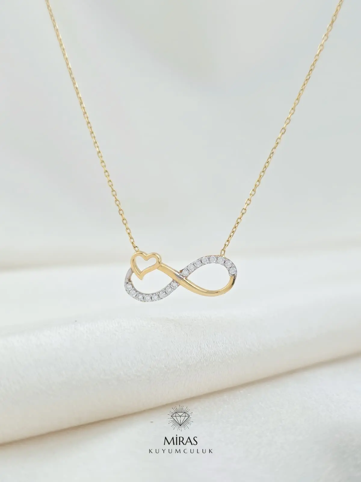 14 Ayar Altın - Taşlı Kalp Detaylı Sonsuzluk Kolye - K14KLY1001 
