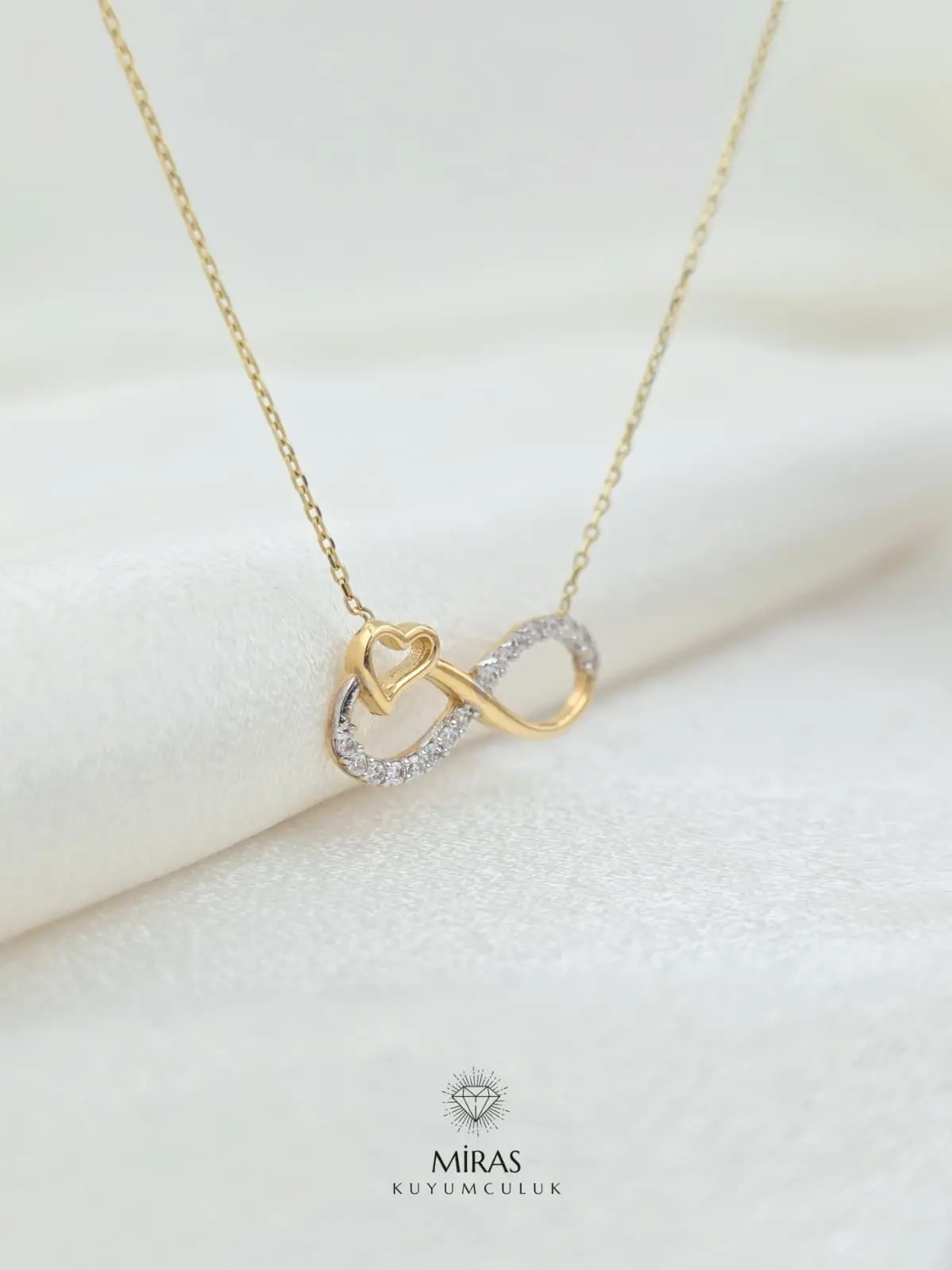 14 Ayar Altın - Taşlı Kalp Detaylı Sonsuzluk Kolye - K14KLY1001 