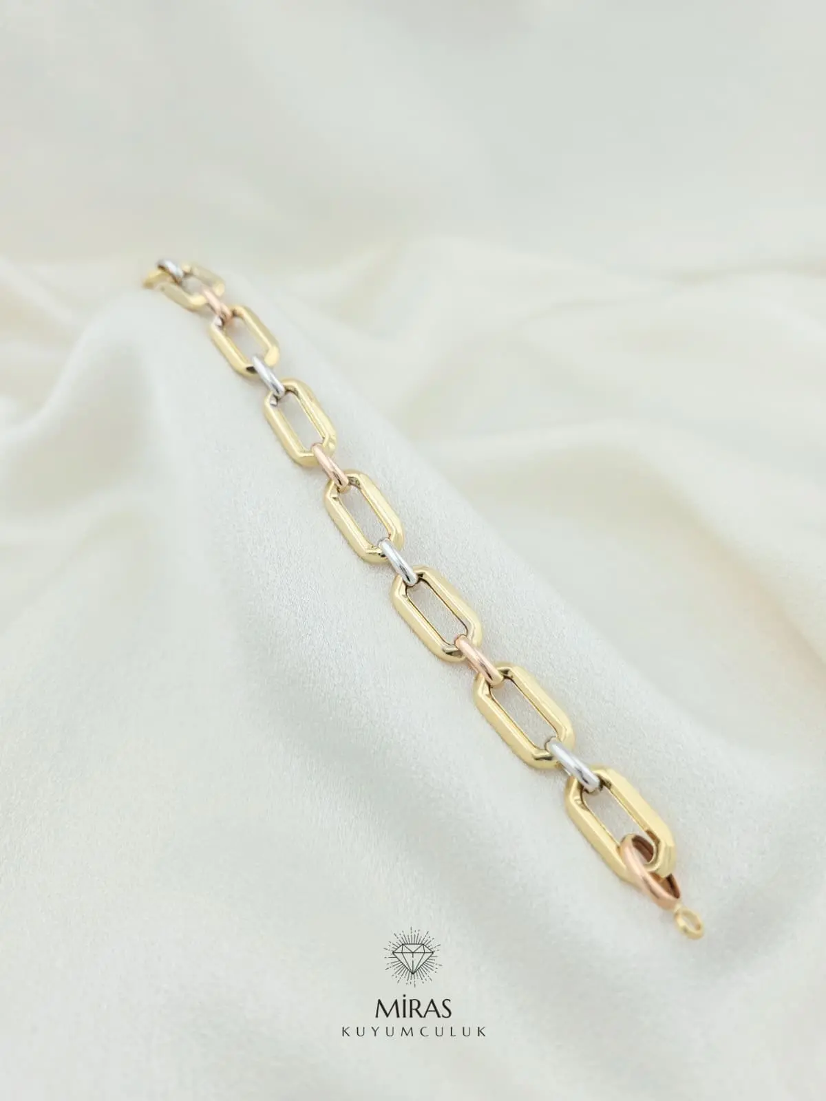 14 Ayar Altın - Üç Renk Detaylı Ataç Bileklik - 14BLK1050