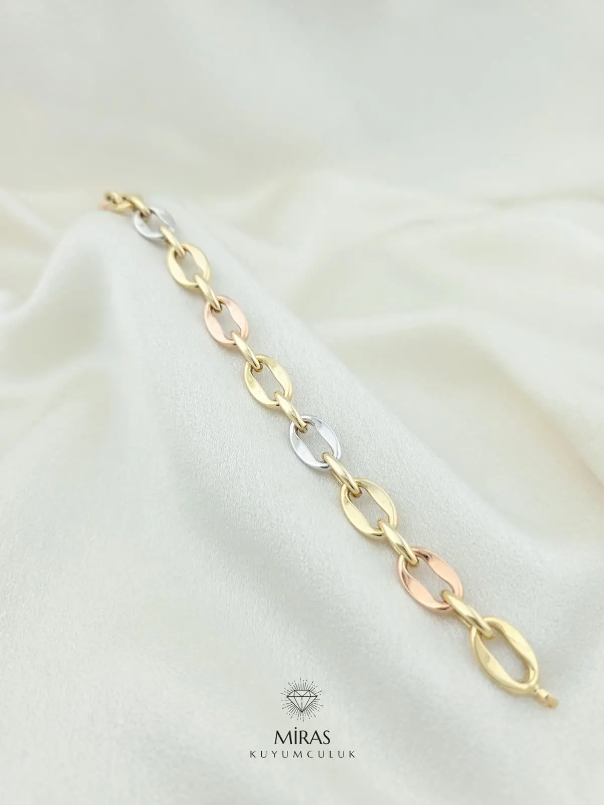 14 Ayar Altın - Üç Renkli Oval Halka Bileklik - 14BLK1053